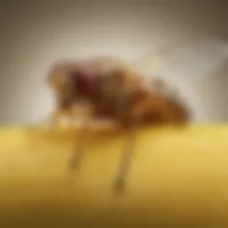 Close-up of a fruit fly resting on a ripe banana