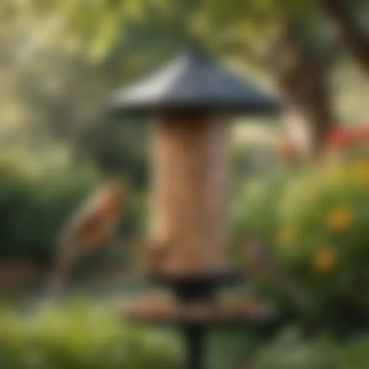 A variety of bird feeders placed strategically in a garden