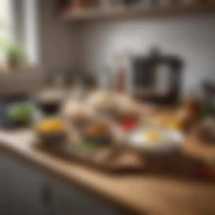 A well-organized kitchen counter with a rice cooker and ingredients ready for use.