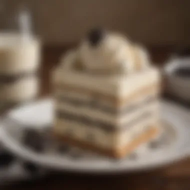 A slice of cookies and cream ice cream cake on a decorative plate, ready to be enjoyed.