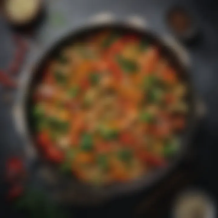 A colorful stir-fry with assorted vegetables and protein in a wok