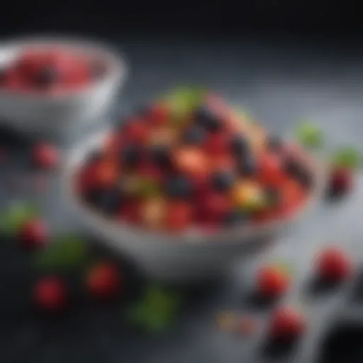 A vibrant bowl of fresh summer berries topped with a light drizzle of honey