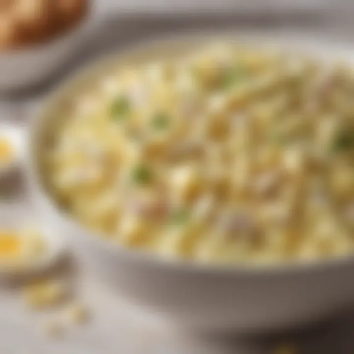 Close-up of a creamy egg salad in a bowl