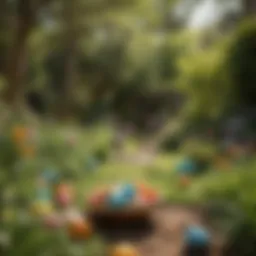 Colorful Easter egg hunt scene in a lush garden
