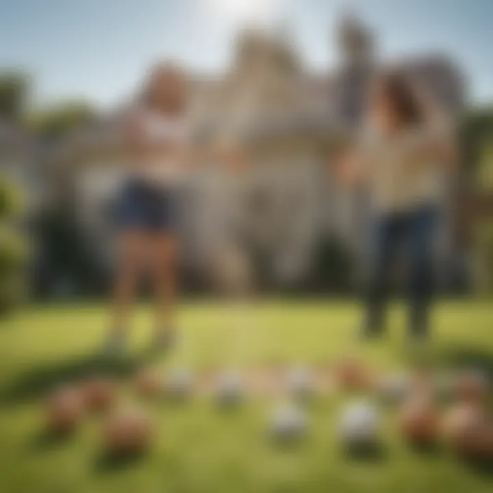 Families playing a joyful game of egg toss in a sunny backyard