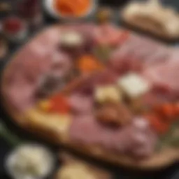 An elegant charcuterie board featuring a variety of meats, cheeses, and garnishes