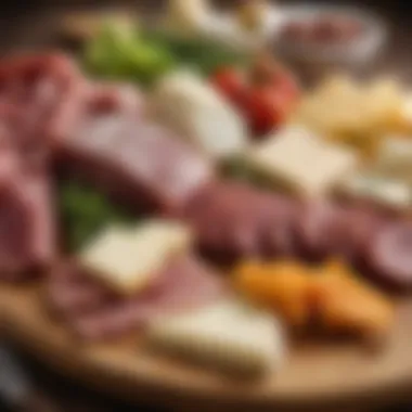 Fresh Ingredients Display Close-up of fresh ingredients like cured meats and artisanal cheeses on a wooden platter
