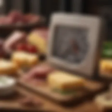 A thermometer checking the temperature of cheese and meats to ensure food safety