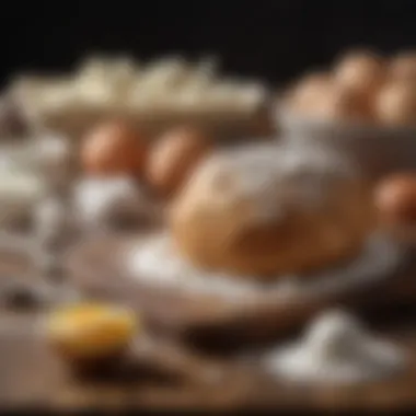 Quality Baking Ingredients High-quality ingredients arranged on a wooden surface, showcasing flour, sugar, and eggs
