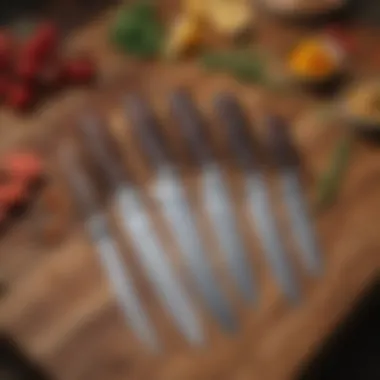 A collection of high-quality knives arranged on a wooden block.