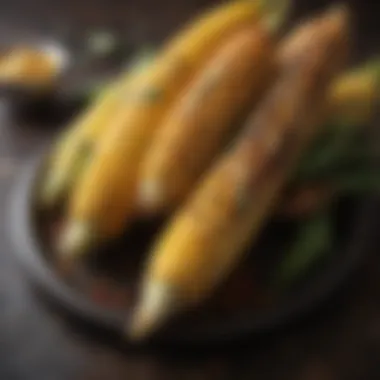 Succulent Grilled Corn Grilled corn on the cob with butter and spices displayed on a platter