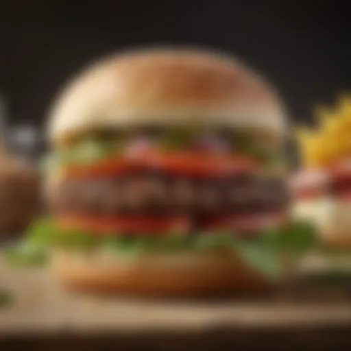 A close-up of a gourmet hamburger with fresh vegetables and whole grain bun