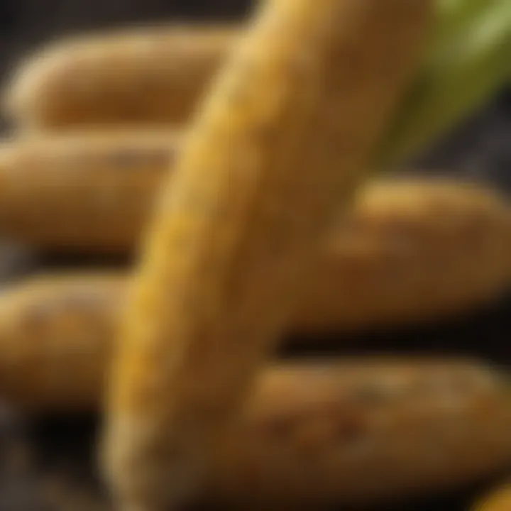 A close-up of corn being brushed with flavorful glaze