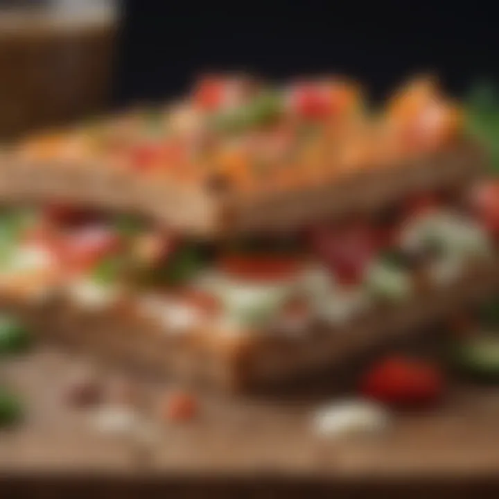 A close-up view of a low carb crisp bread topped with vibrant vegetables and spreads.