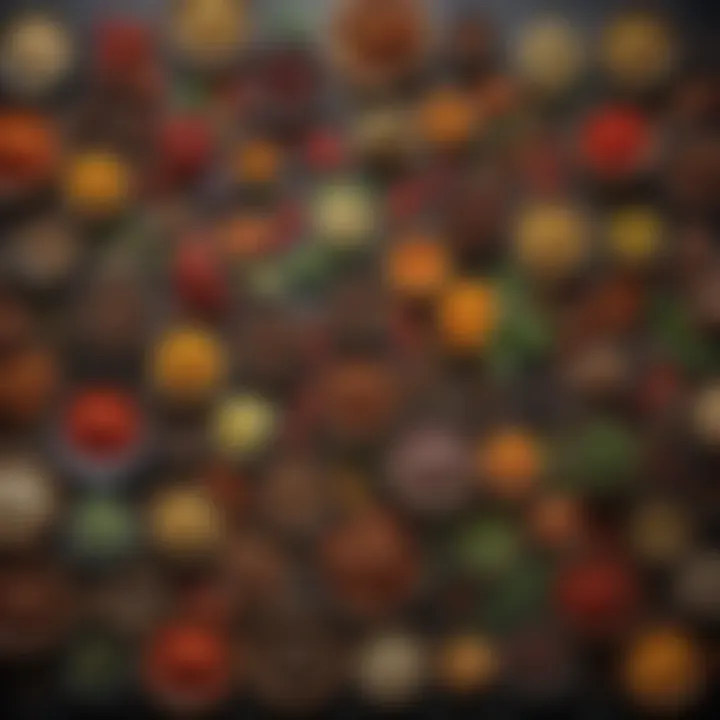 A colorful display of Mediterranean spices and herbs arranged artfully
