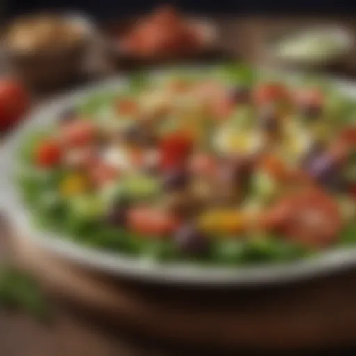 A vibrant plate of Mediterranean salad with fresh vegetables and herbs