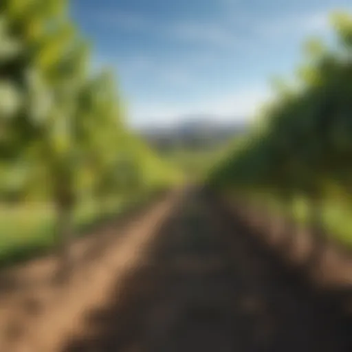 A serene vineyard landscape showcasing rows of grapevines under a clear blue sky.