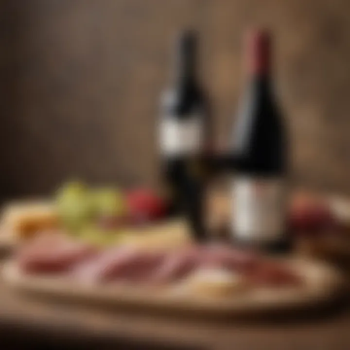 An elegant bottle of low-cost wine displayed alongside a charcuterie board filled with cheese and fruits.