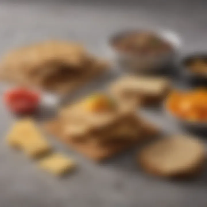 A variety of whole grain crackers and cheese arranged artfully