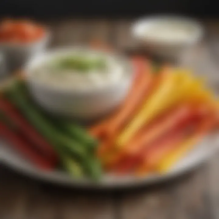 Colorful vegetable sticks accompanied by a healthy dip