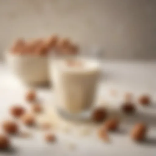 A glass of almond milk with almonds scattered nearby