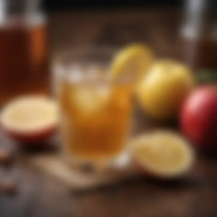 A glass of apple cider vinegar drink garnished with lemon