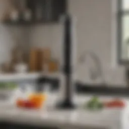 A sleek hand blender on a modern kitchen countertop, showcasing its design.