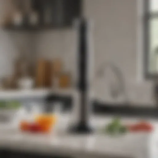 A sleek hand blender on a modern kitchen countertop, showcasing its design.