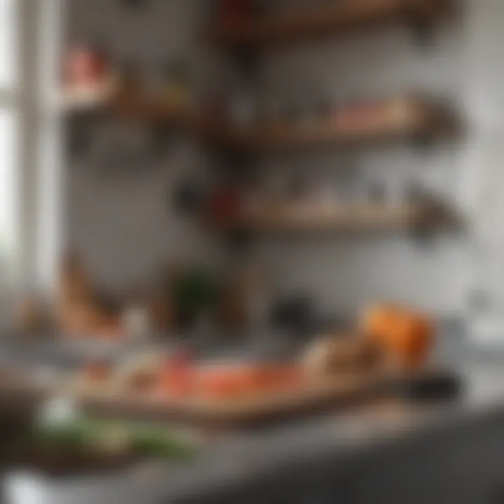 A well-organized kitchen with various essential tools and a prominent chef knife