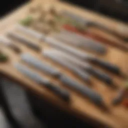 A selection of premium chef knives displayed elegantly on a wooden kitchen countertop