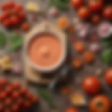 An assortment of ingredients used to make Thousand Island dressing, including tomatoes and spices