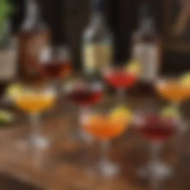 Colorful array of brandy-based cocktails on a wooden table