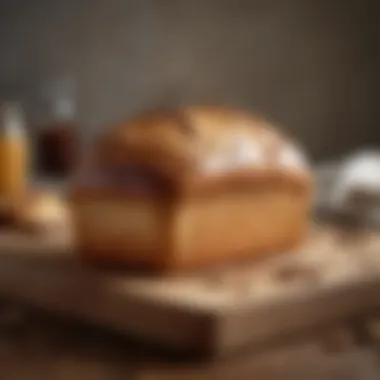 Freshly baked bread loaf resting on a rustic wooden surface