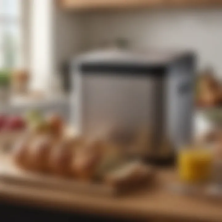 A sleek bread machine on a kitchen countertop surrounded by ingredients