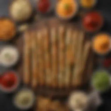 A vibrant display of breadsticks paired with various dips, emphasizing their versatility as a snack.