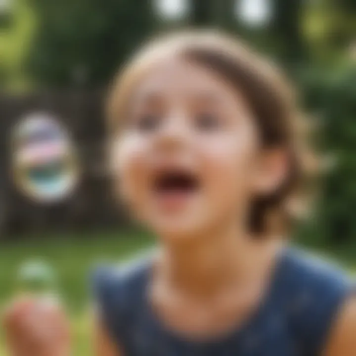 A child joyfully blowing bubbles in a backyard