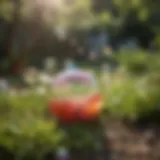 Colorful bubbles floating in a garden setting