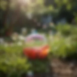 Colorful bubbles floating in a garden setting