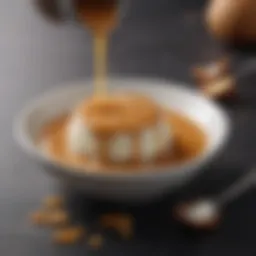 A rich and glossy caramel sauce made with coconut milk, drizzled over a dessert.
