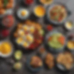 A vibrant spread of colorful low-carb breakfast options including eggs and avocado.