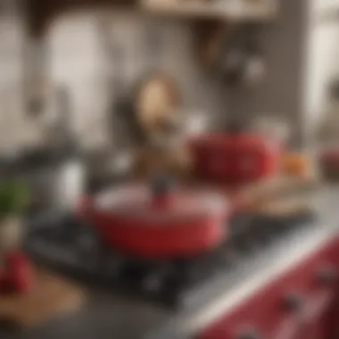 Stylish kitchen featuring cerise Le Creuset items as a focal point in home decor