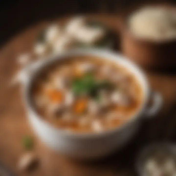 Close-up of white beans and chicken in a rich, flavorful broth, showcasing the ingredients