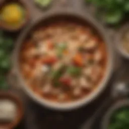 A colorful bowl of chicken chili with white beans, garnished with fresh herbs and spices