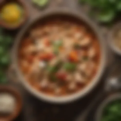 A colorful bowl of chicken chili with white beans, garnished with fresh herbs and spices