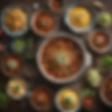 A beautifully arranged table with bowls of chicken chili, toppings, and fresh ingredients for a gathering