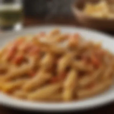 A close-up of a steaming plate of chicken penne pasta garnished with parmesan cheese