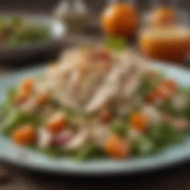 A close-up of a gourmet chicken salad showcasing diverse textures and colors