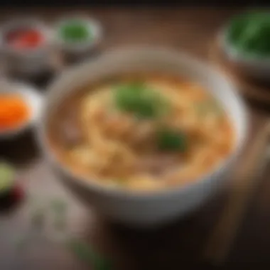 A vibrant bowl of noodles topped with fresh herbs and spices, showcasing the essence of Hong Kong cuisine.