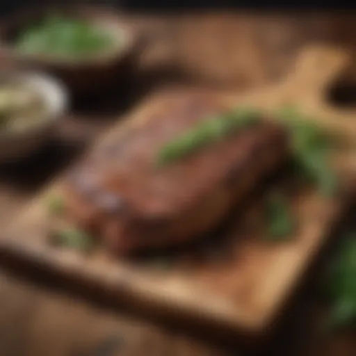 A beautifully grilled churrasco steak on a rustic wooden table, garnished with fresh herbs.
