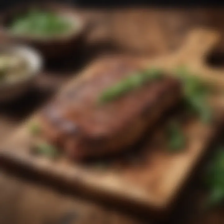 A beautifully grilled churrasco steak on a rustic wooden table, garnished with fresh herbs.